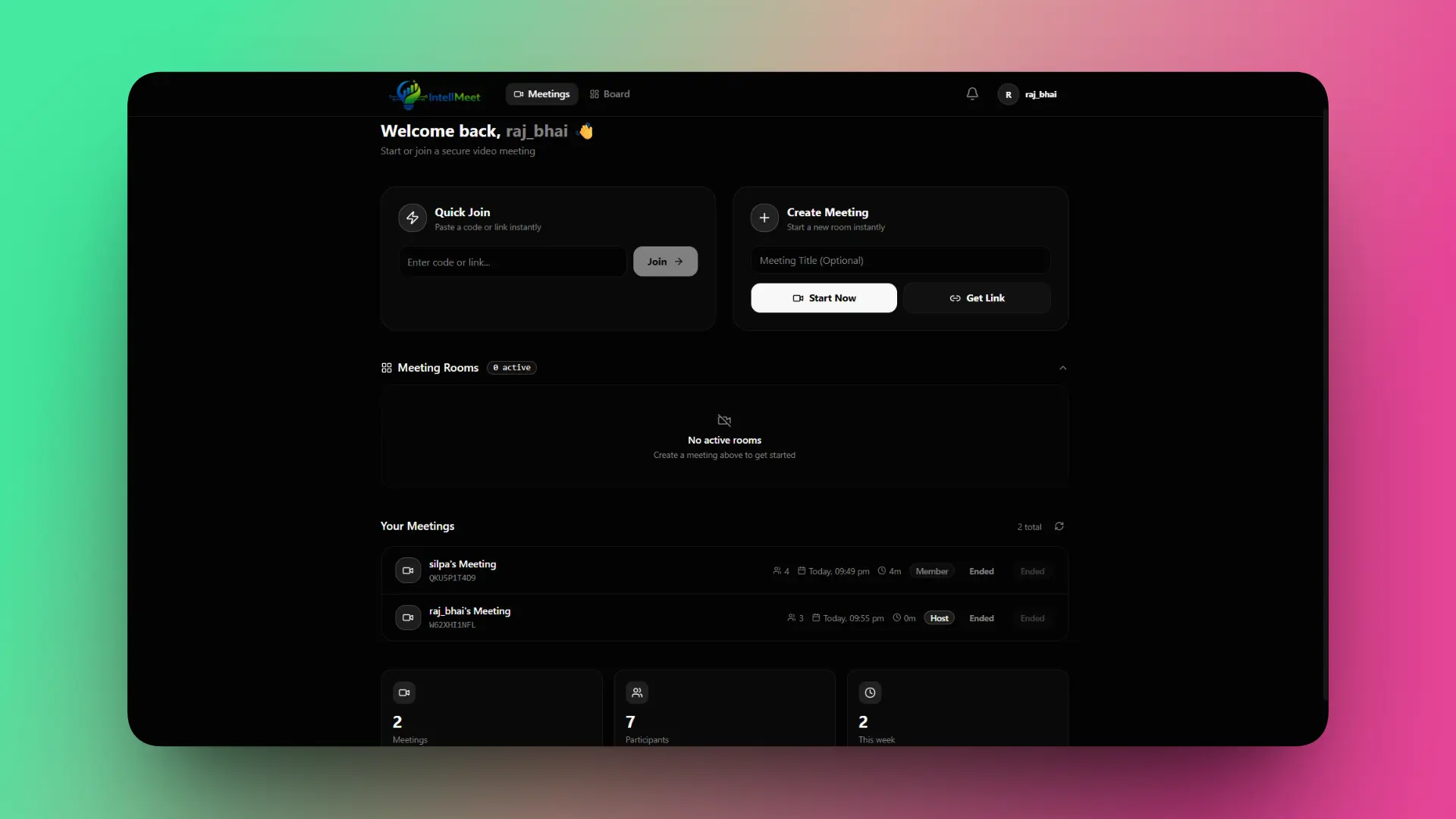Meeting Dashboard — Quick Join & Room List
